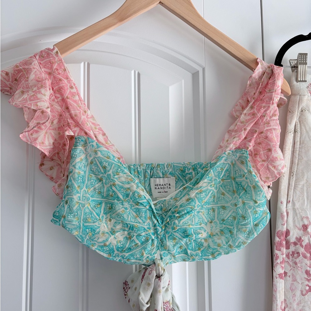 Hemant & Nandita Matching Two Piece Crop Top Sz XS Pants Sz S Women's Vacation - Picture 2 of 16